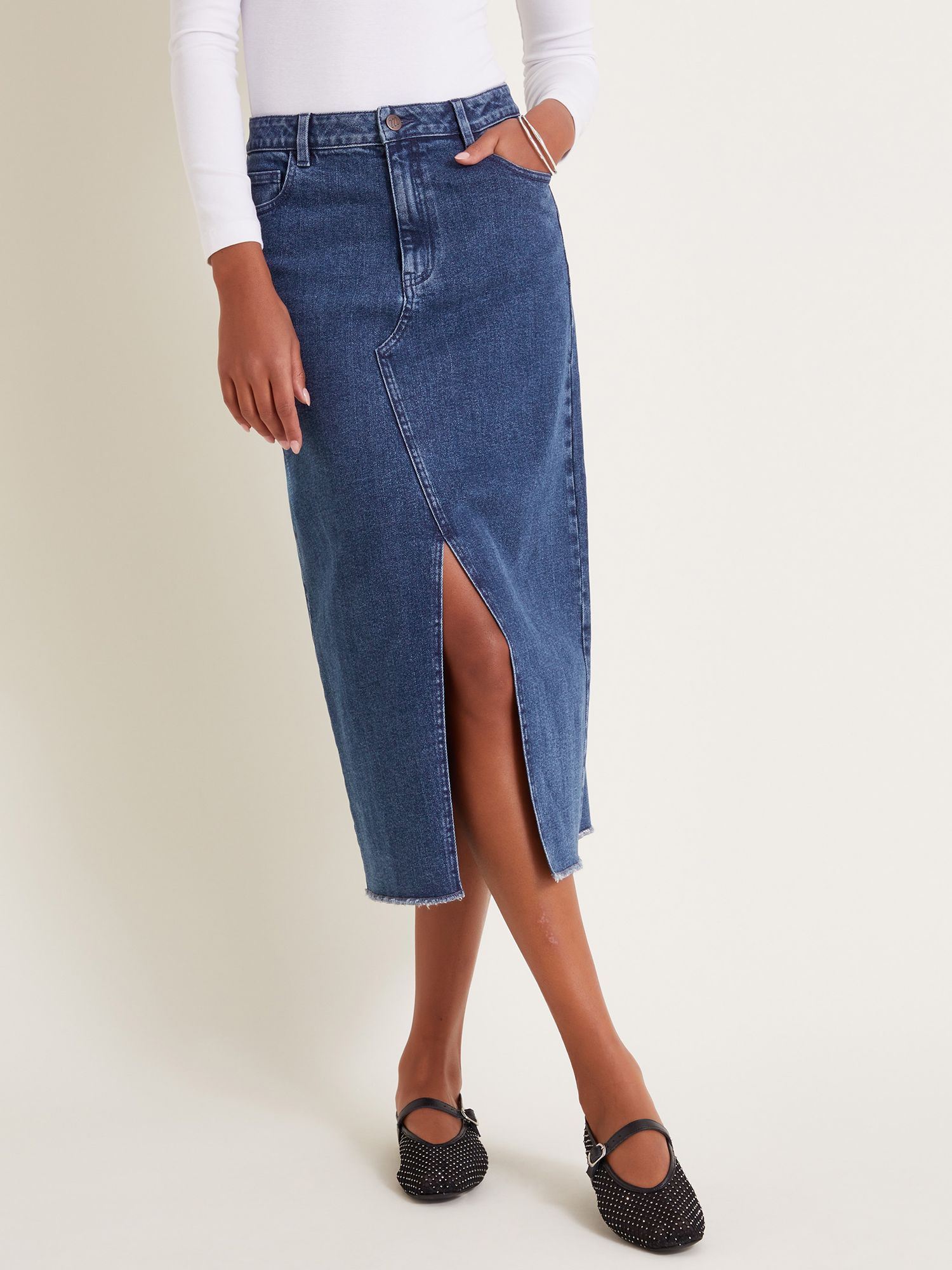 Buy Monsoon Sasha Split Front Denim Midi Skirt, Denim Blue Online at johnlewis.com