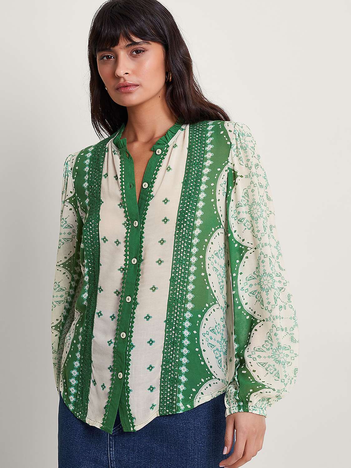 Buy Monsoon Tamsyn Abstract Print Balloon Sleeve Blouse, Green/Cream Online at johnlewis.com