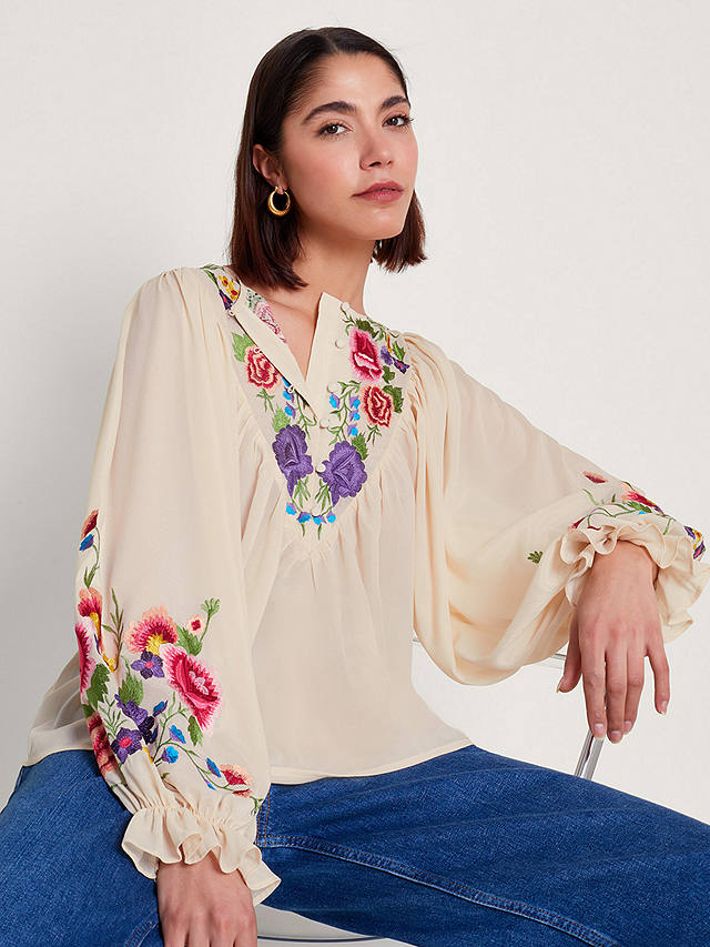 Monsoon Winny Embroidered Floral Blouse, Ivory/Multi