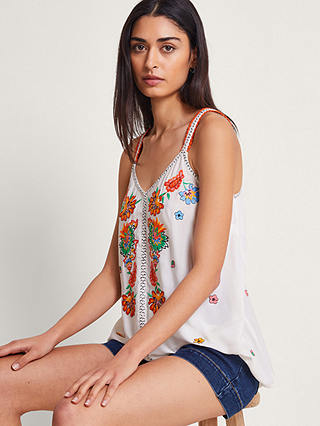 Monsoon Felicity Embroidered Cami Top, Ivory/Multi