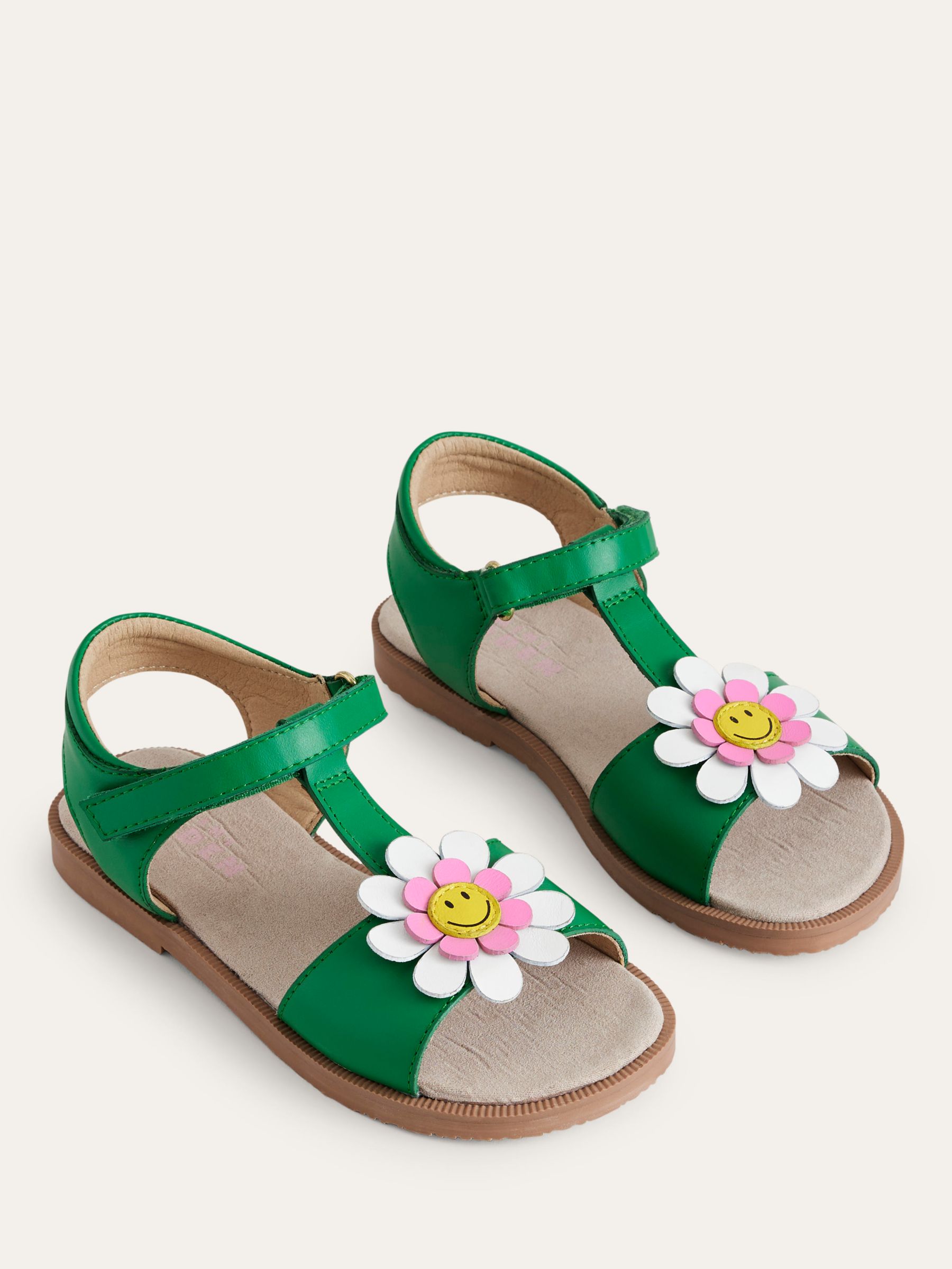 Mini Boden Kids' Leather Fun Flower Sandals, Green Smiley, 7 Jnr