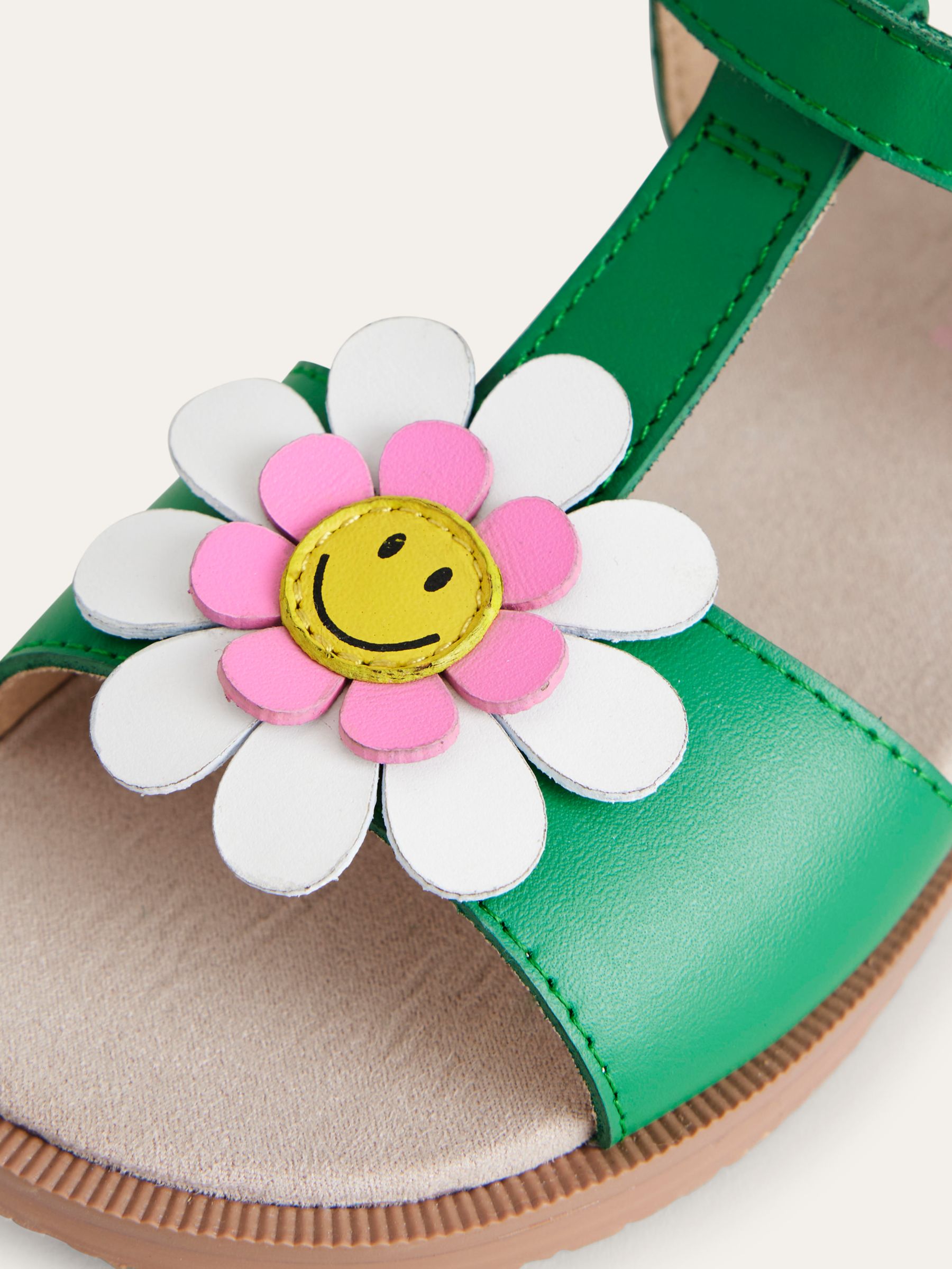 Mini Boden Kids' Leather Fun Flower Sandals, Green Smiley, 7 Jnr