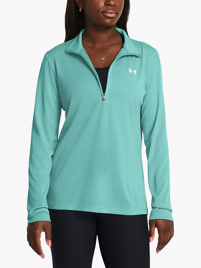 Under Armour Tech 1/2 Zip Long Sleeve Gym Top, Turquoise/White