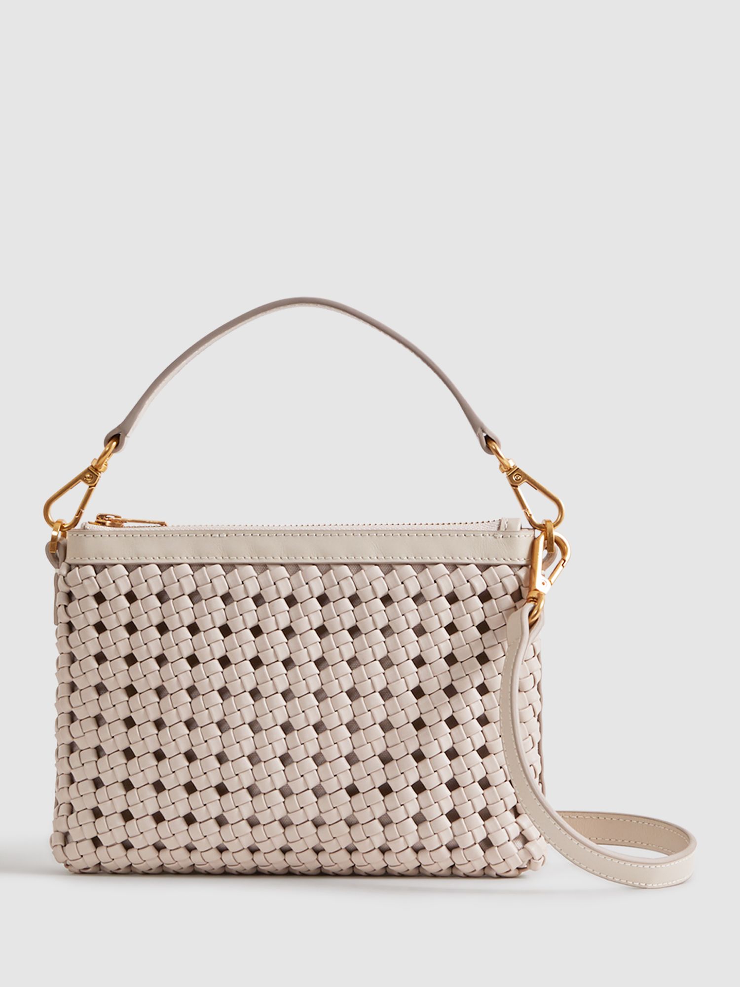 Reiss Brompton Woven Leather Shoulder Bag, Stone at John Lewis & Partners