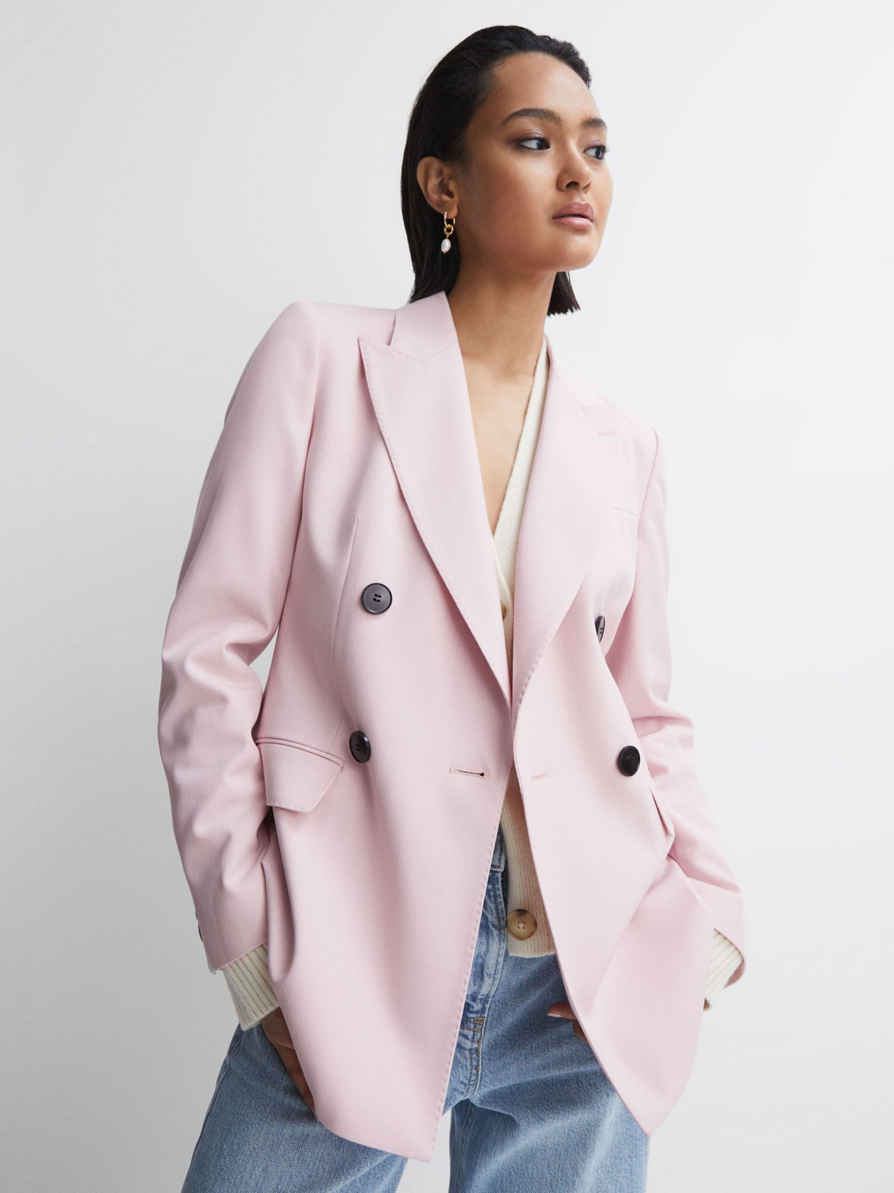 Reiss Evelyn Double Breasted Wool Blend Blazer, Pink, 14