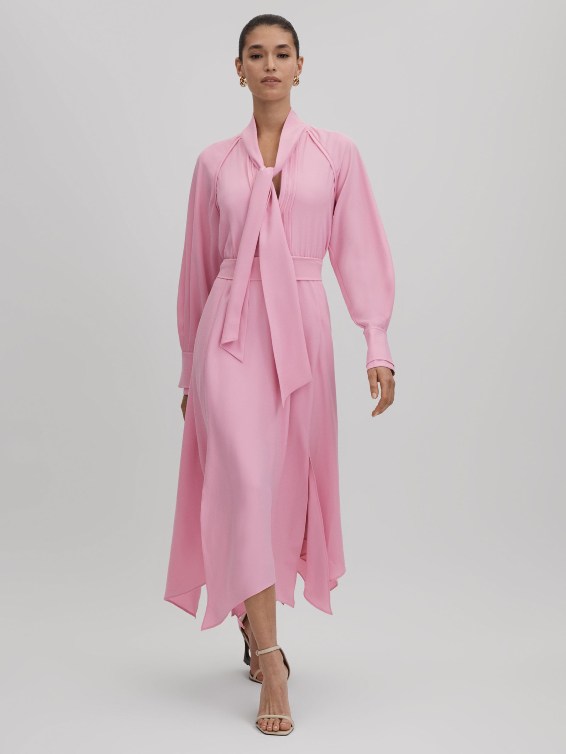Reiss Erica Tie Neck Belted Midi Dress, Pink £248.00