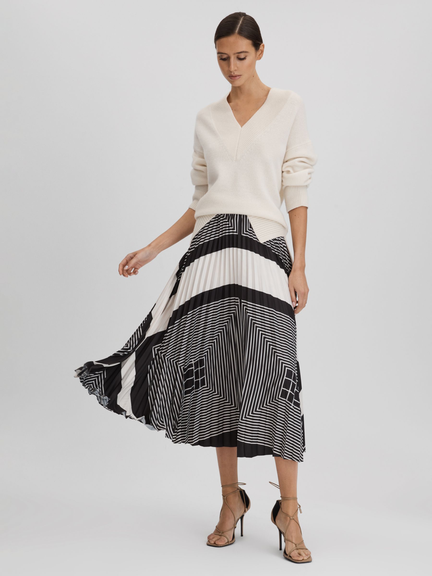 Reiss Gabi Abstract Print Pleated Midi Skirt, Black/Cream at John Lewis ...