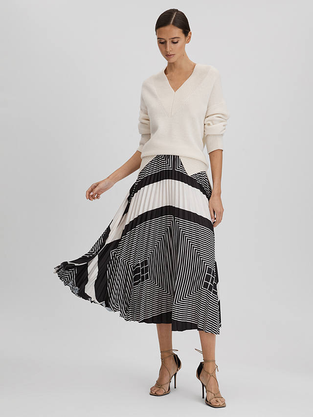 Reiss Gabi Abstract Print Pleated Midi Skirt, Black/Cream