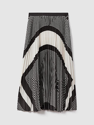 Reiss Gabi Abstract Print Pleated Midi Skirt, Black/Cream