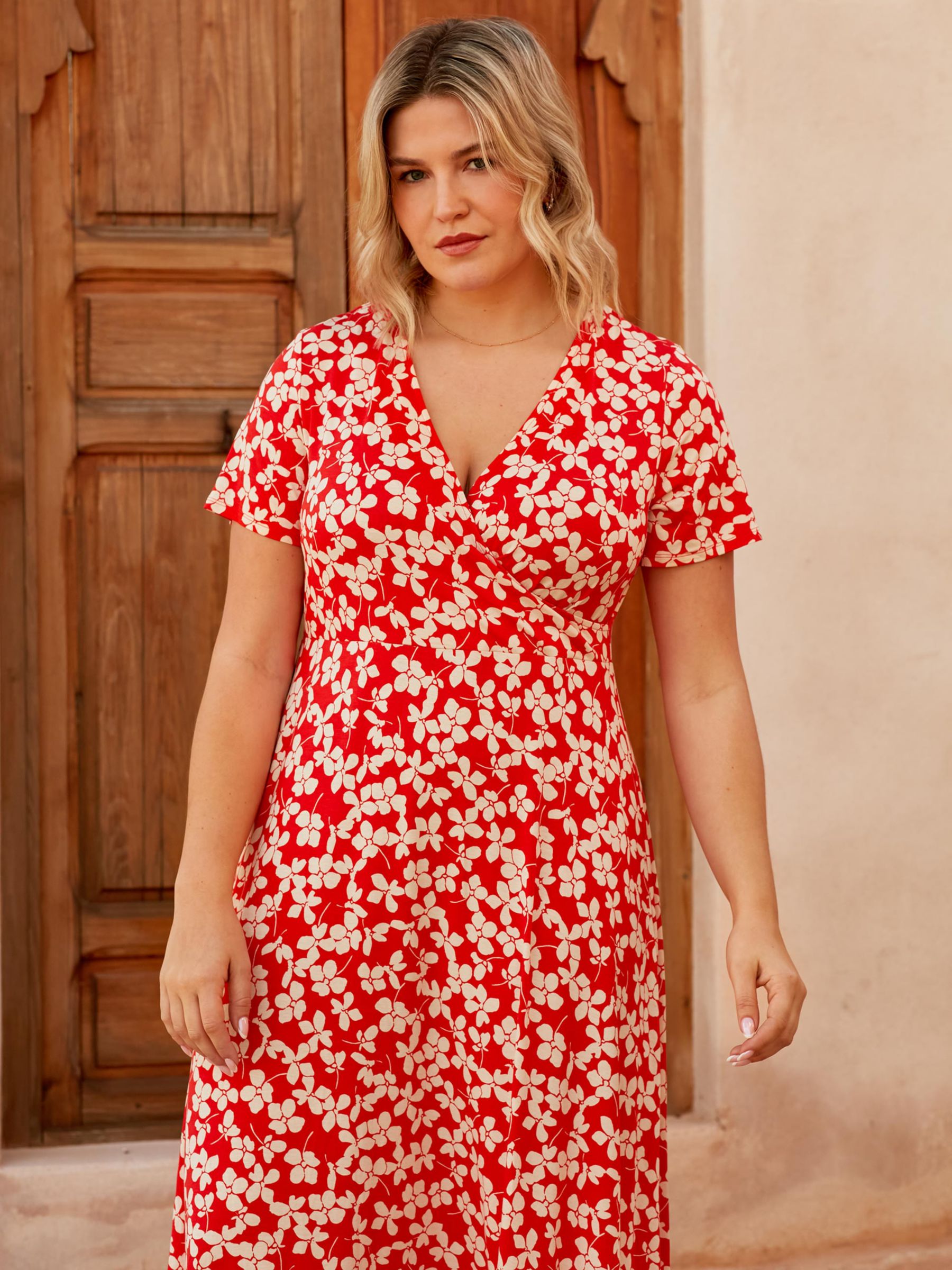Live Unlimited Curve Ditsy Print Jersey Wrap Midi Dress, Red/White, 22