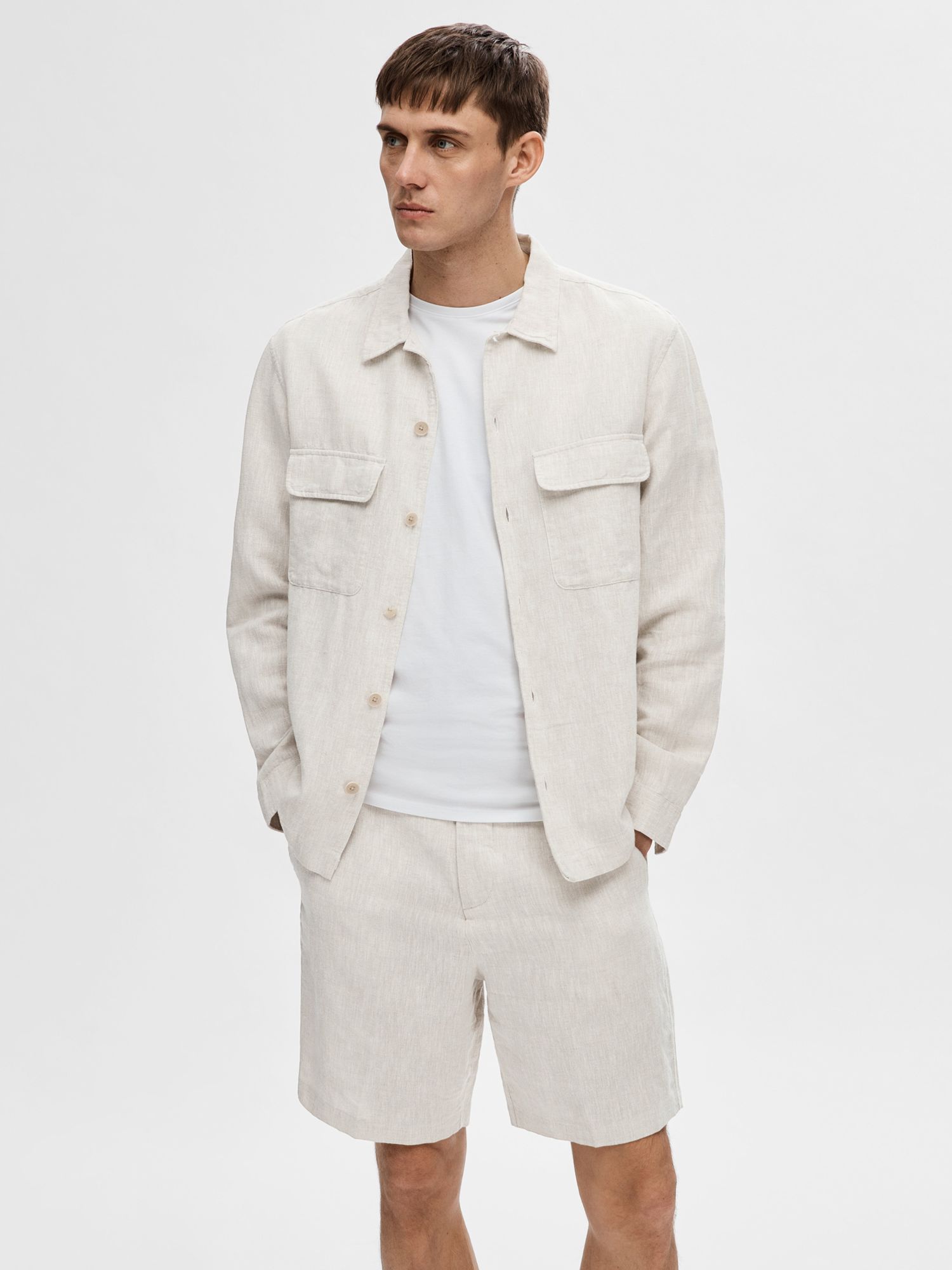 SELECTED HOMME Linen Overshirt, Pure White at John Lewis & Partners