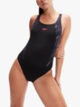 Speedo Hyperboom Logo Print Muscleback Swimsuit, Black/Pink