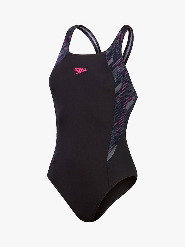 Speedo Hyperboom Logo Print Muscleback Swimsuit, Black/Pink
