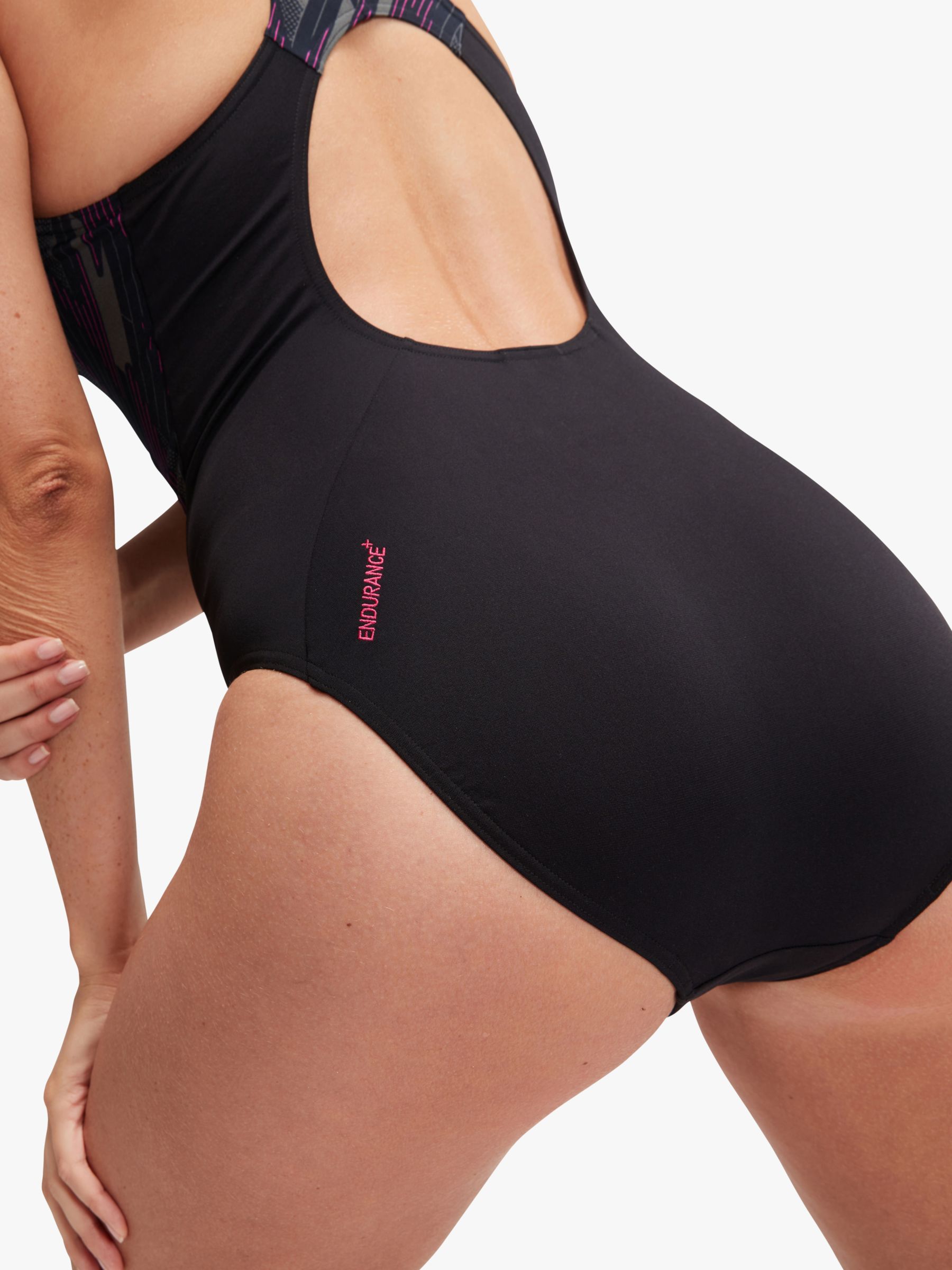 Speedo Hyperboom Logo Print Muscleback Swimsuit, Black/Pink, 40