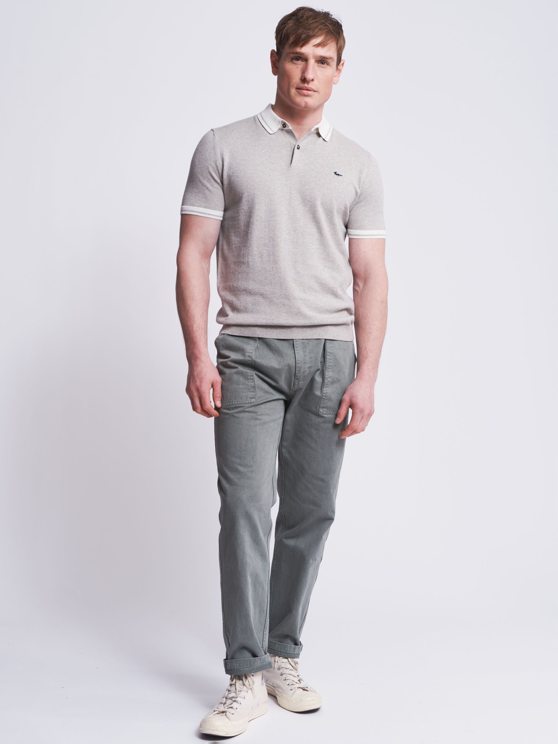 Aubin Dryden Cotton & Cashmere Knitted Short Sleeve Polo Shirt, Light Grey, S