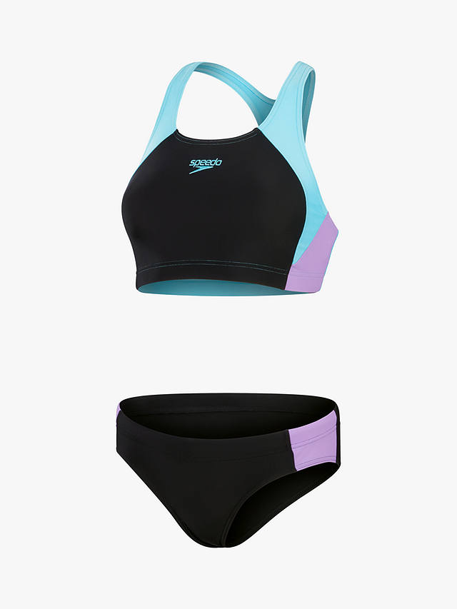 Speedo Colourblock Splice 2 Piece Swimsuit, Black/Purple