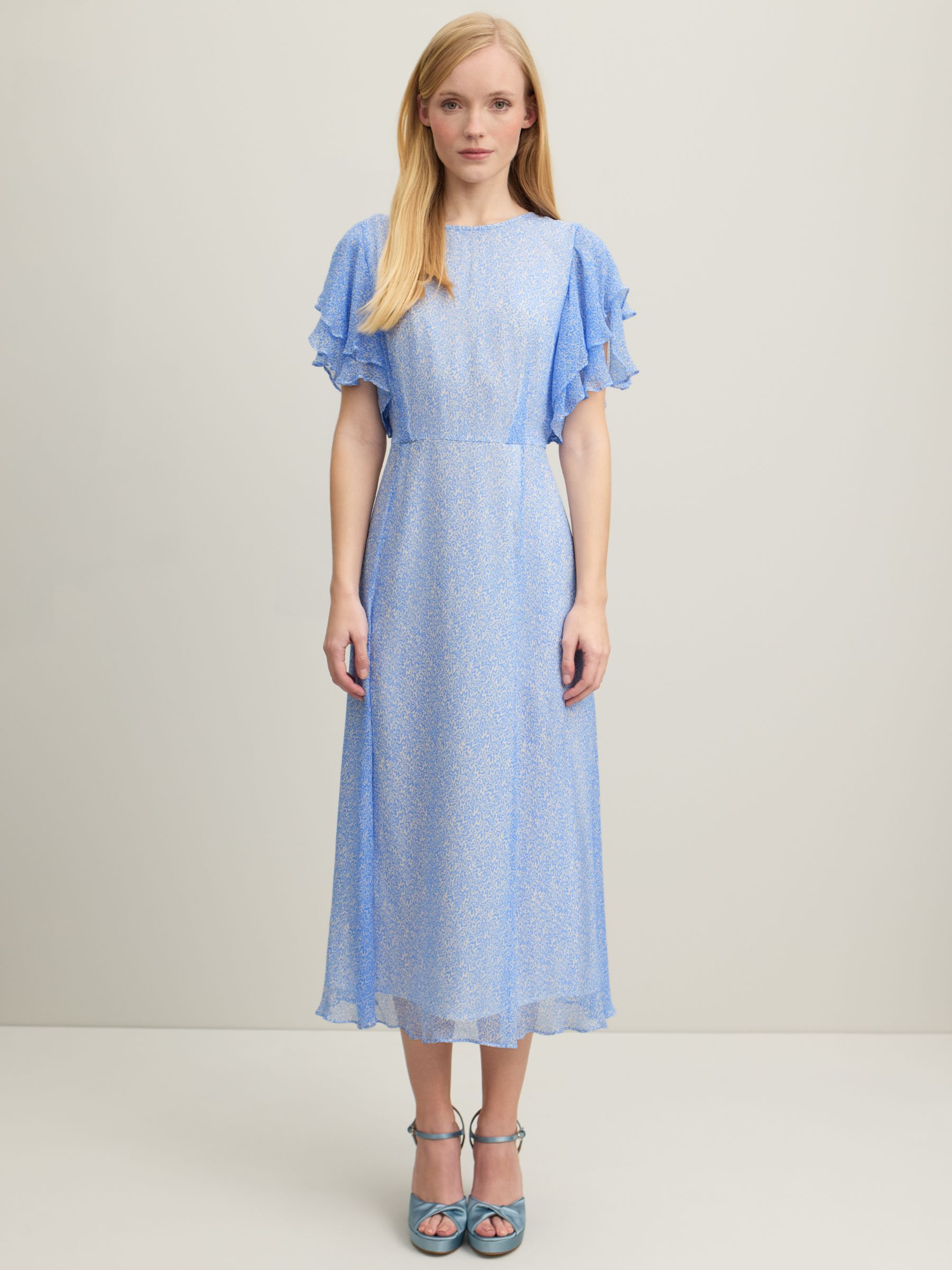 L.K.Bennett Royal Ascot Agnes Wiggle Print Flutter Sleeve Midi Dress, Cornflower Blue/Cream, 6