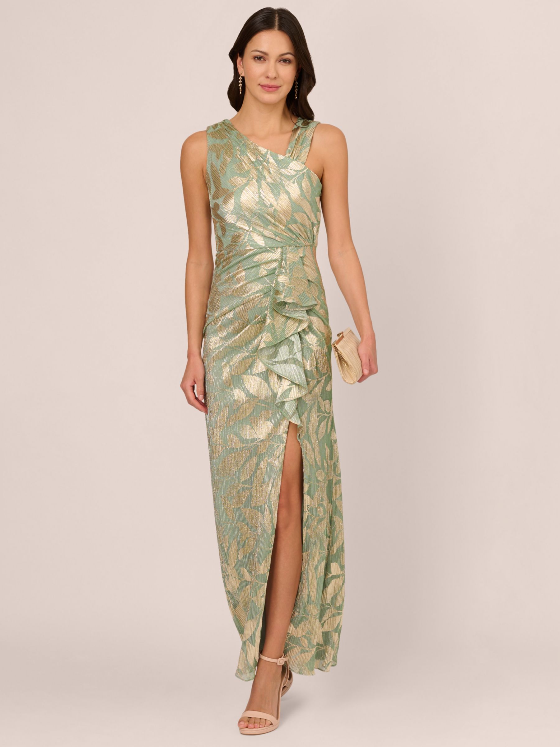 Adrianna Papell Foil Asymmetric Maxi Dress Sage Gold