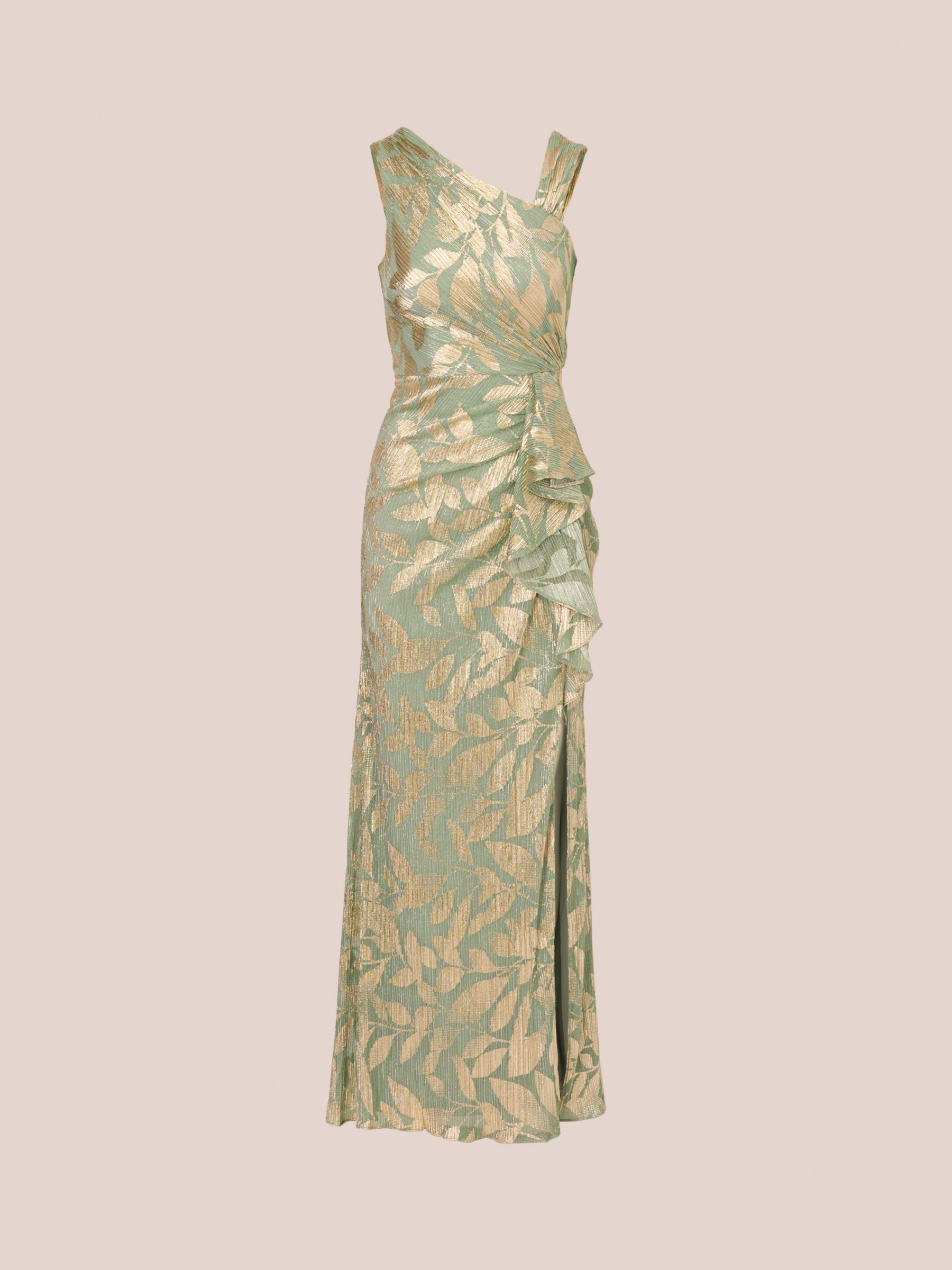 Foil Printed Asymmetric Gown With Ruffled Detail In Sage Gold