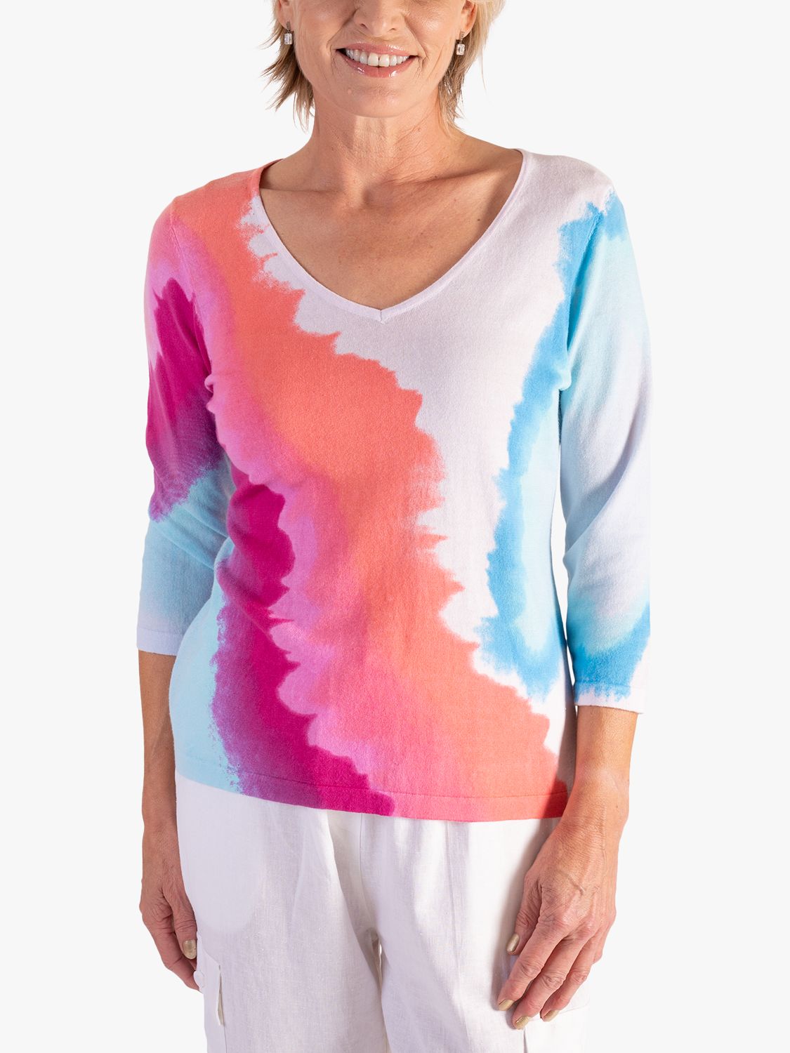 chesca Watercolour Pastels Fine Knit Jumper, White/Multi, 12-14