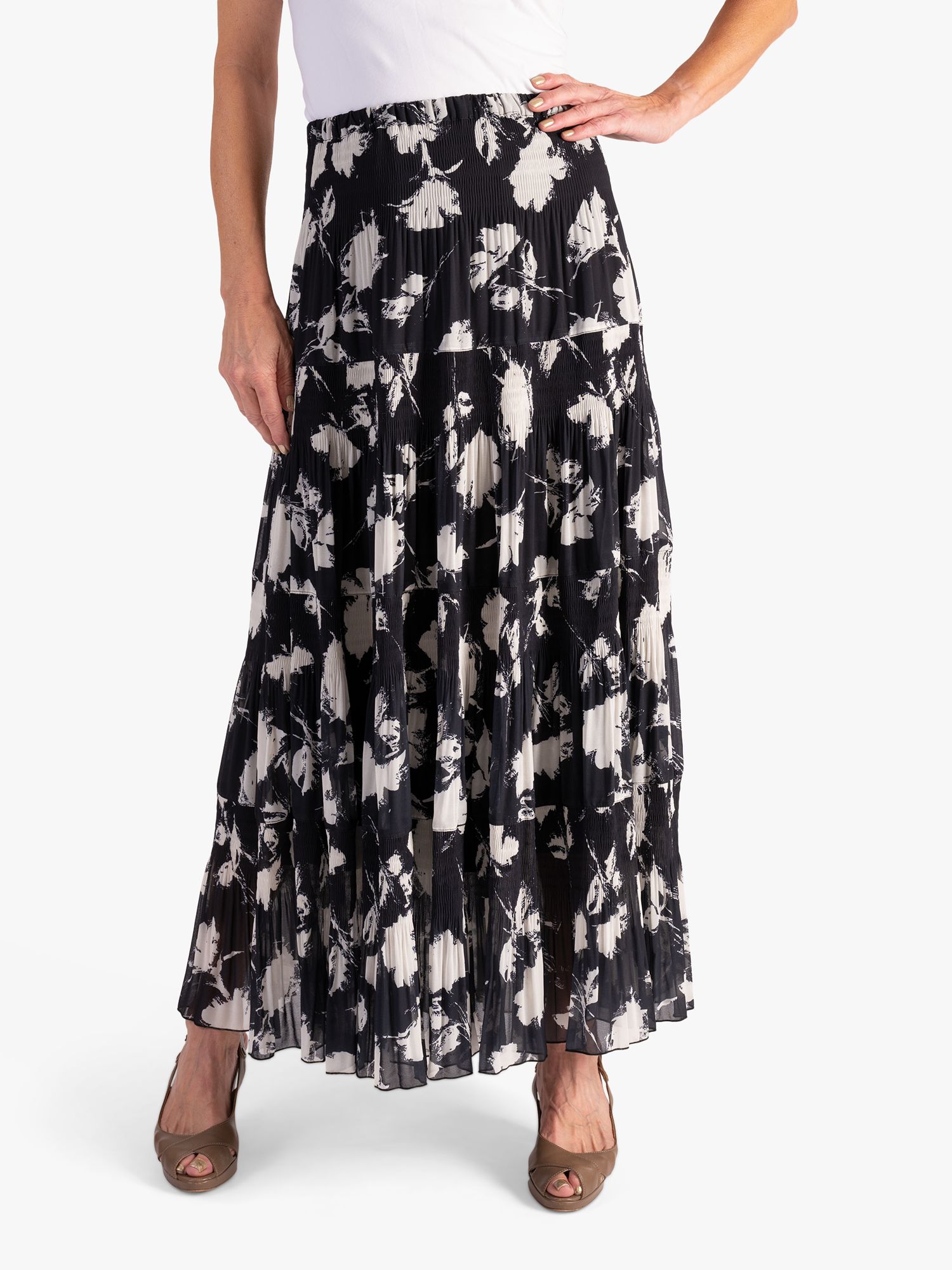 Buy chesca Floral Print Pleated Tiered Maxi Skirt, Black/White Online at johnlewis.com