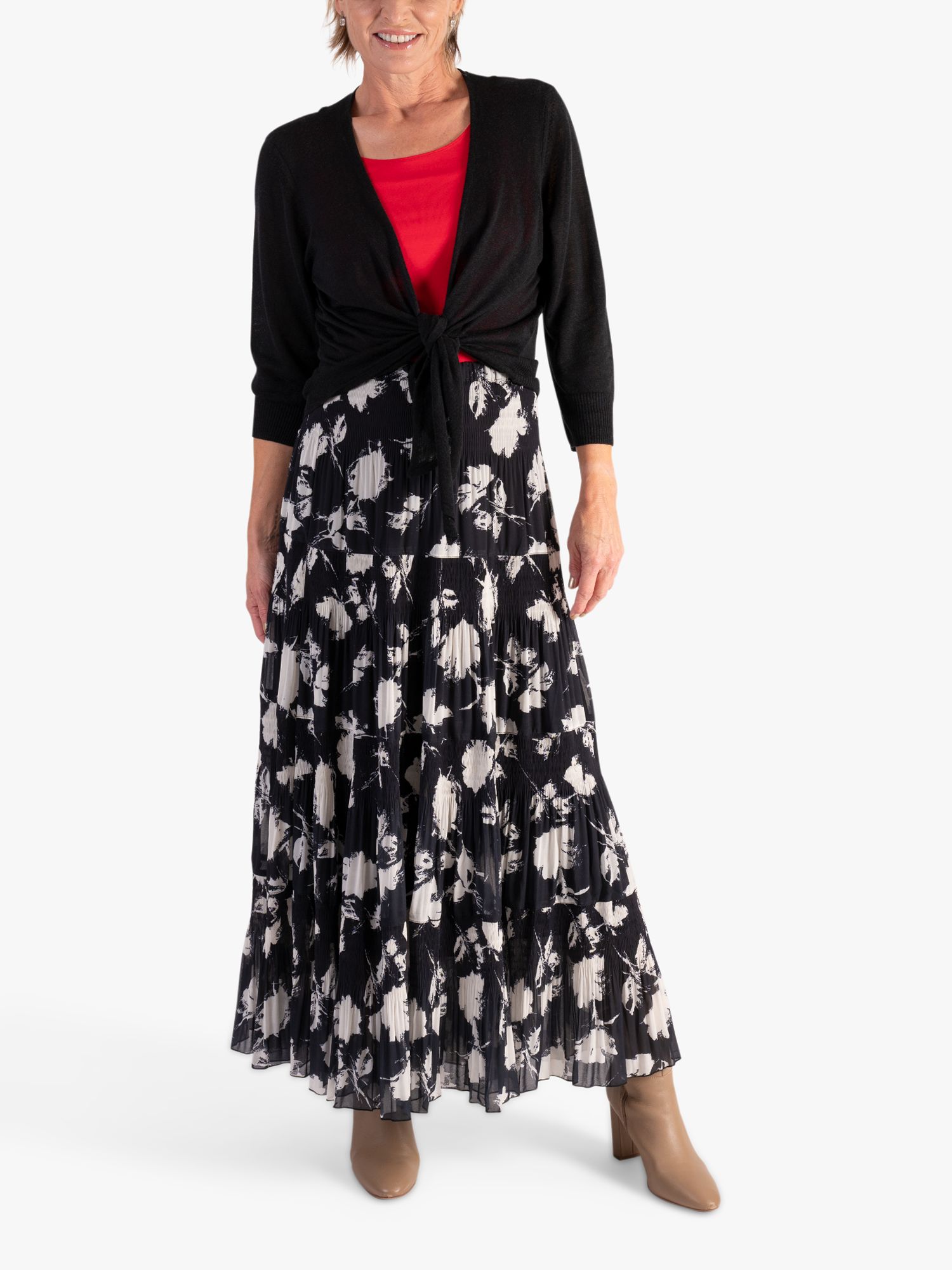 Buy chesca Floral Print Pleated Tiered Maxi Skirt, Black/White Online at johnlewis.com