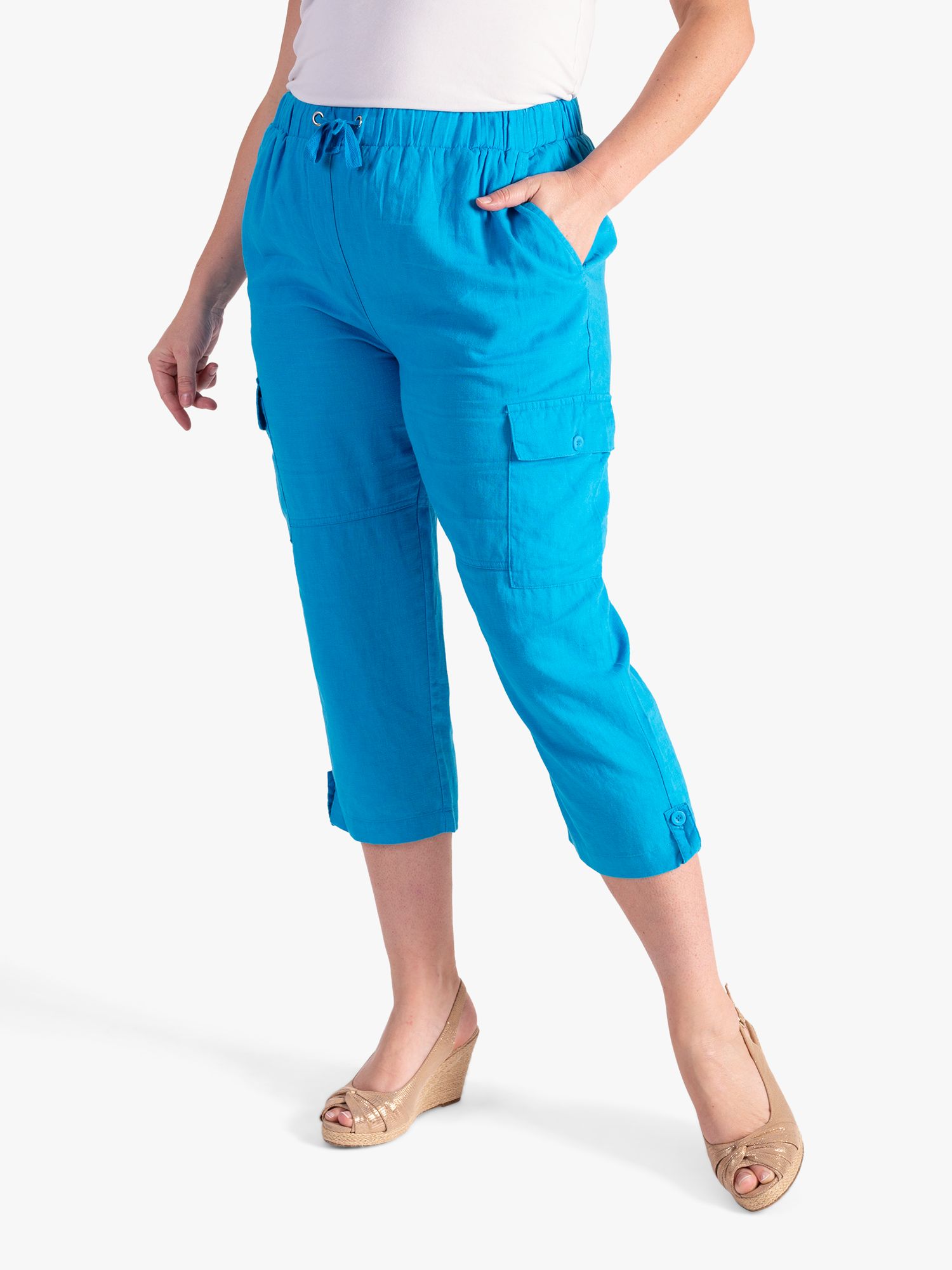 chesca Mid Length Linen Trousers, Turquoise, 14-16