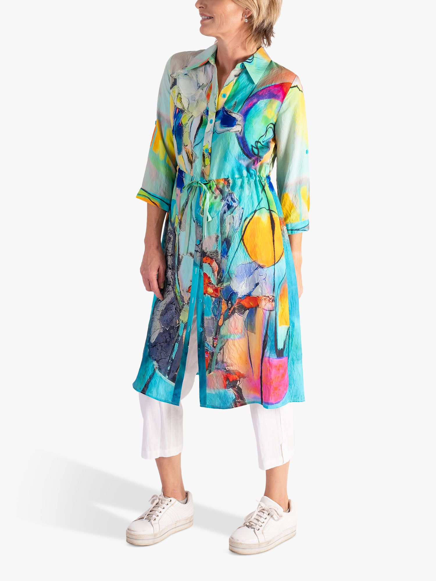 chesca Abstract Painted Garden Flower Print Shirt Dress, Aqua/Multi, 12-14