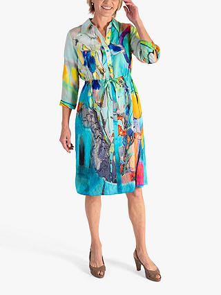 chesca Abstract Painted Garden Flower Print Shirt Dress, Aqua/Multi