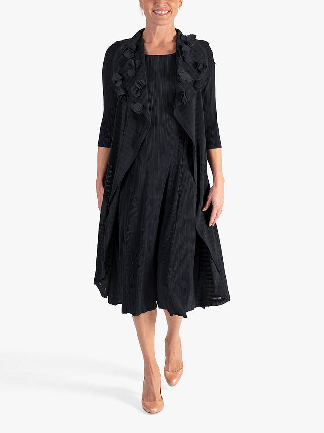 chesca Applique Chiffon Flower Pleated Dress, Black
