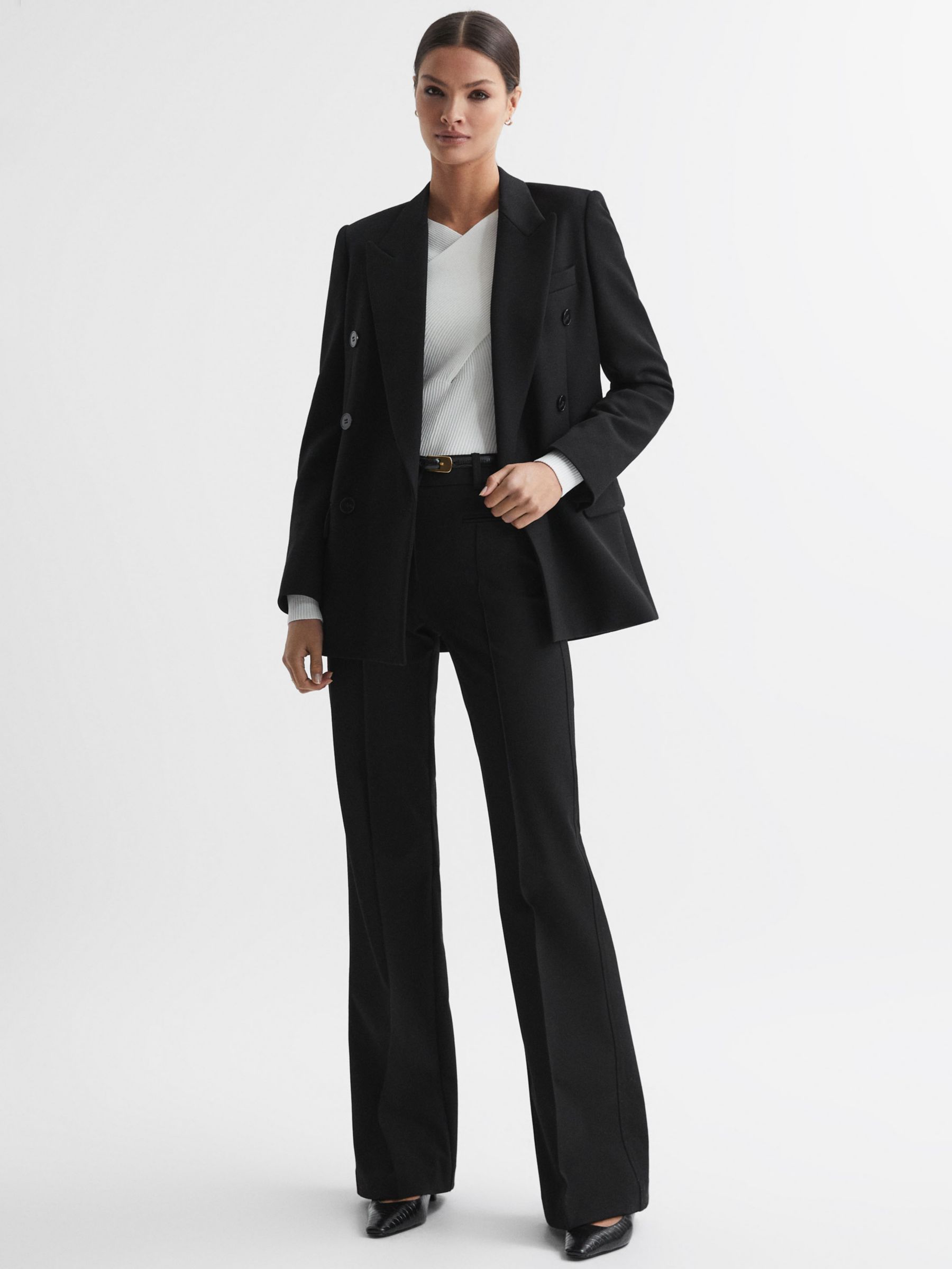 Reiss Claude Flared Tailored Trousers, Black at John Lewis & Partners