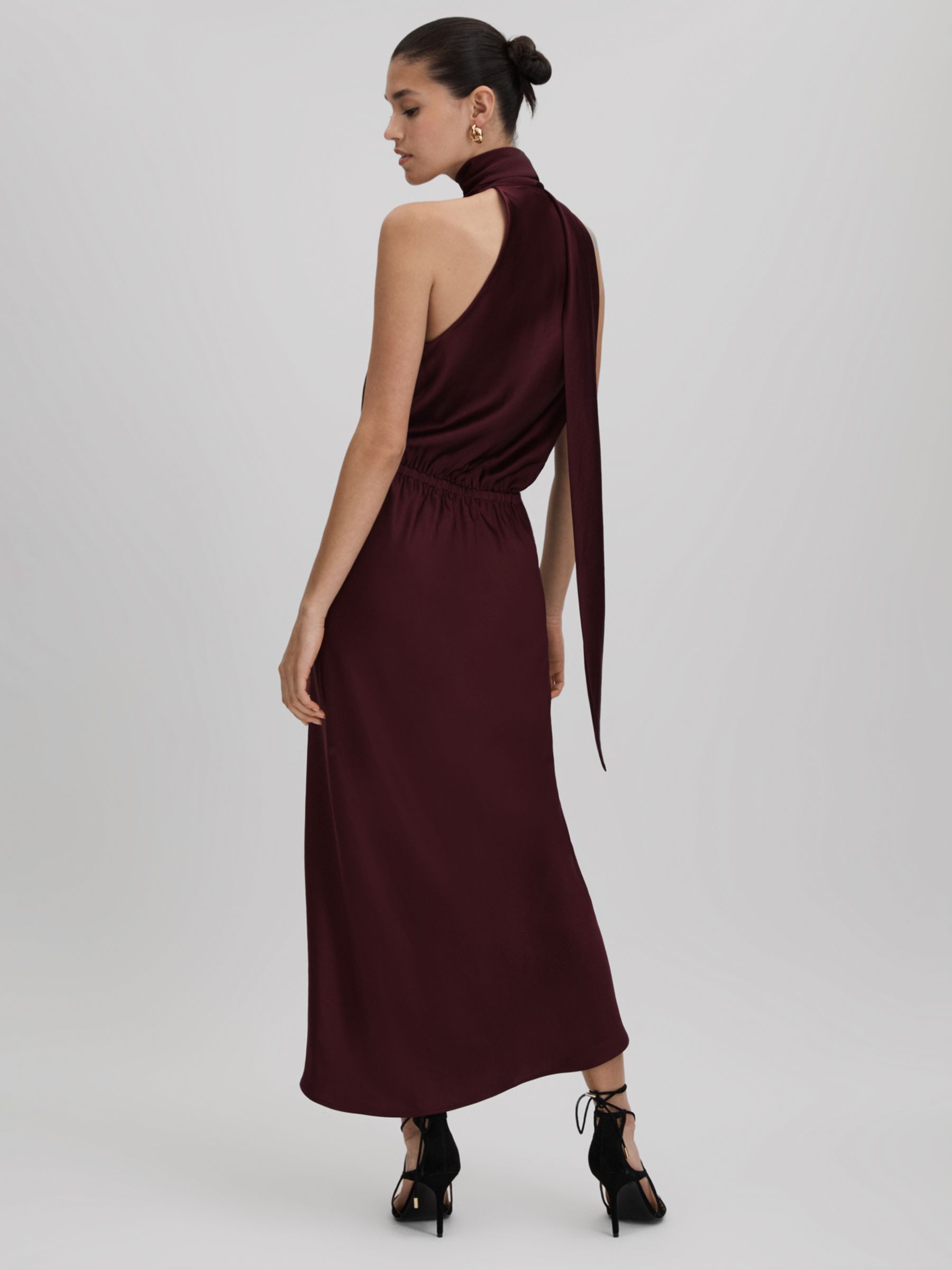 Buy Reiss Tayla Satin Wrap Halterneck Midi Dress, Burgundy Online at johnlewis.com