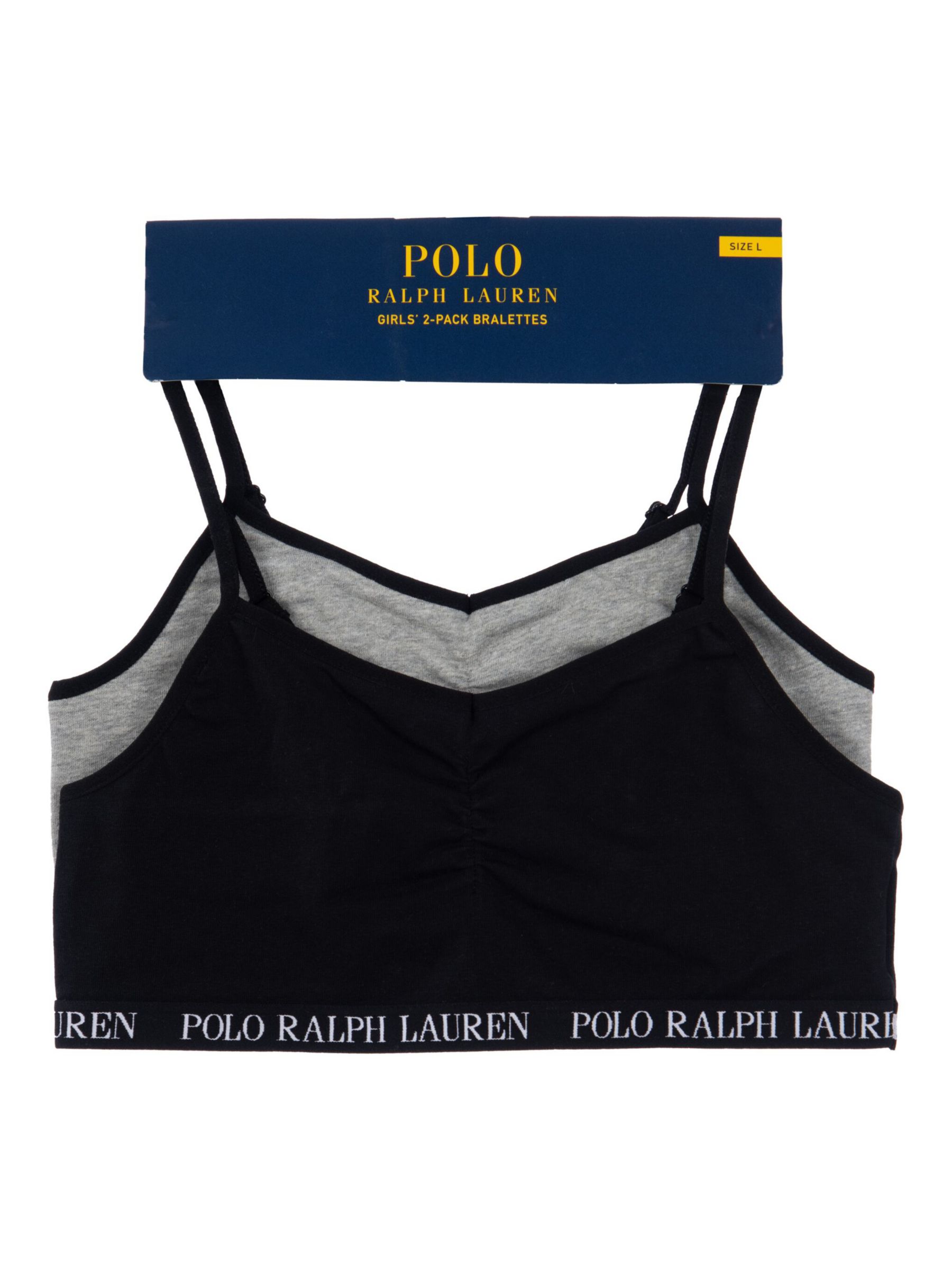 Polo Ralph Lauren Kids' Logo Solid Bralettes, Pack of 2, Black/Grey, XL