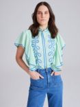 Cape Cove Contrast Embroidered Ruffle Blouse, Dazzling Blue