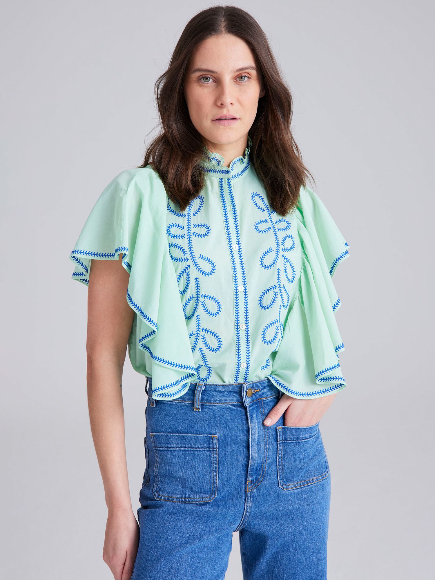 Buy Cape Cove Contrast Embroidered Ruffle Blouse, Dazzling Blue Online at johnlewis.com