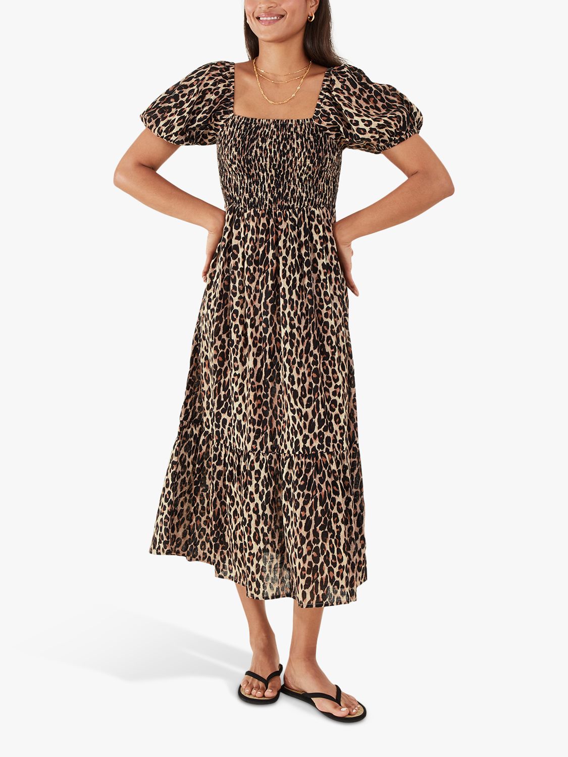 Accessorize Leopard Print Puff Sleeve Dress, Mid Brown, XS