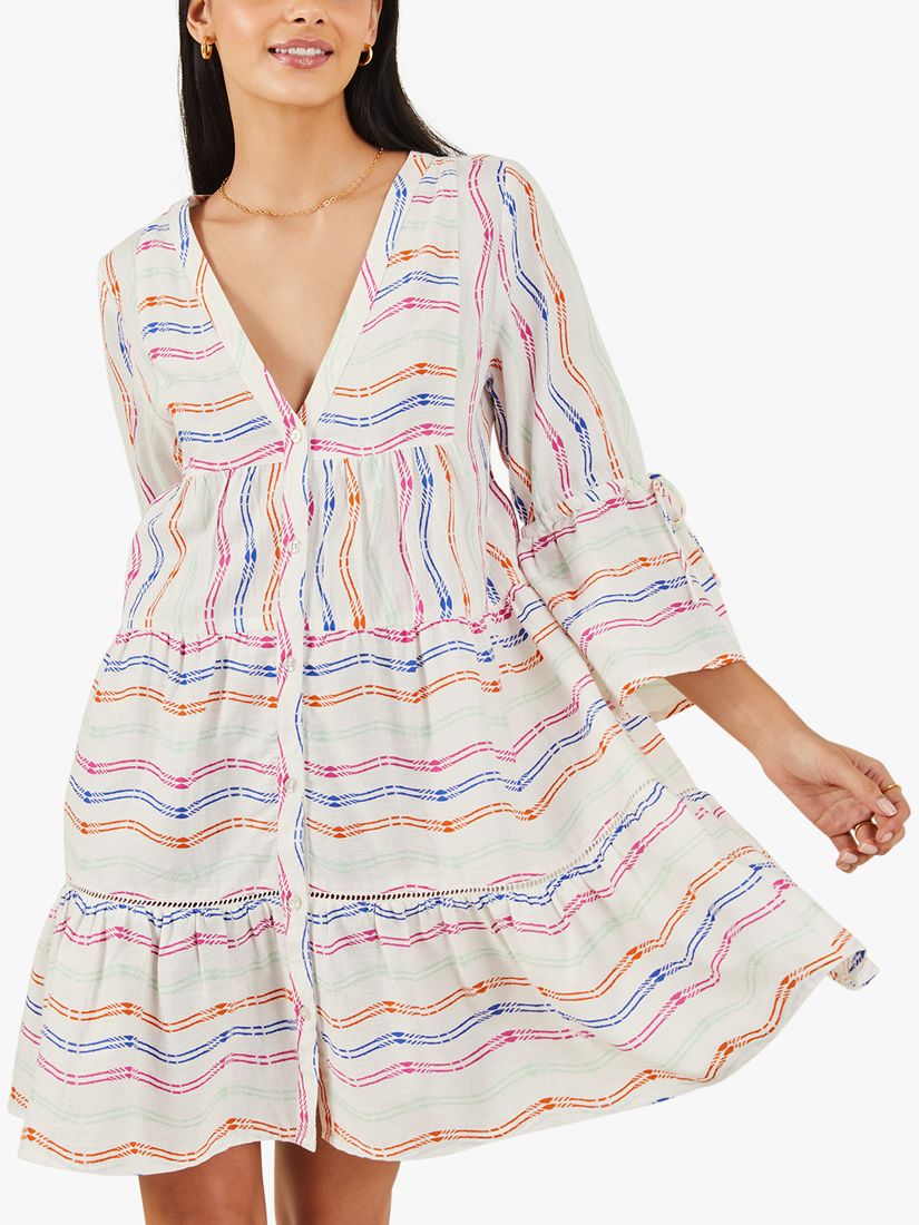 Accessorize Fluted Sleeve Tiered Mini Dress, White/Multi, L
