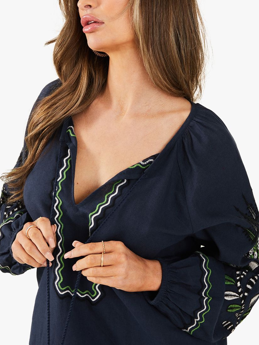 Accessorize Embroidered Fan Linen Blend Dress, Navy/Multi, XS