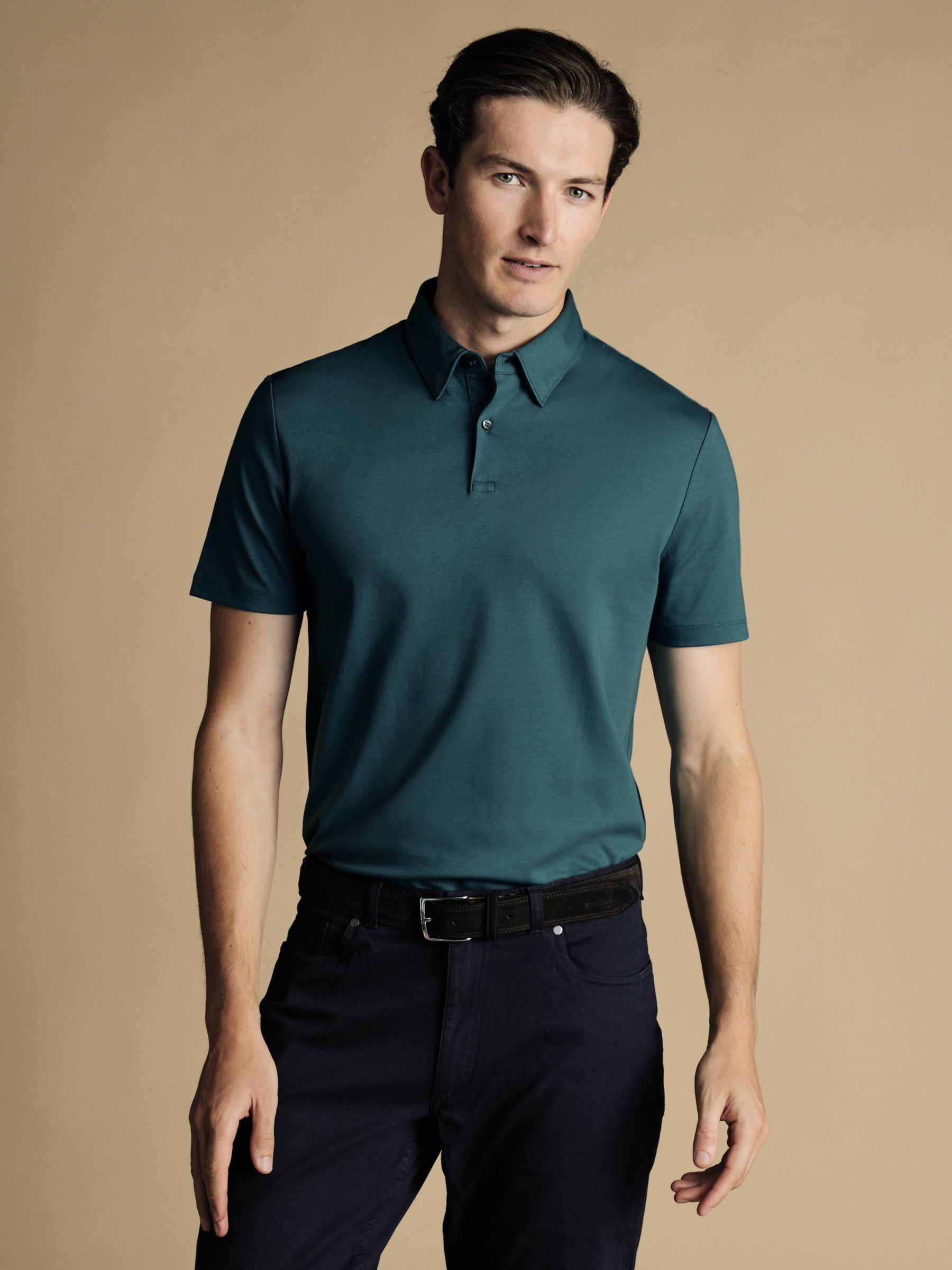 Charles Tyrwhitt Short Sleeve Jersey Polo Shirt, Teal at John Lewis ...