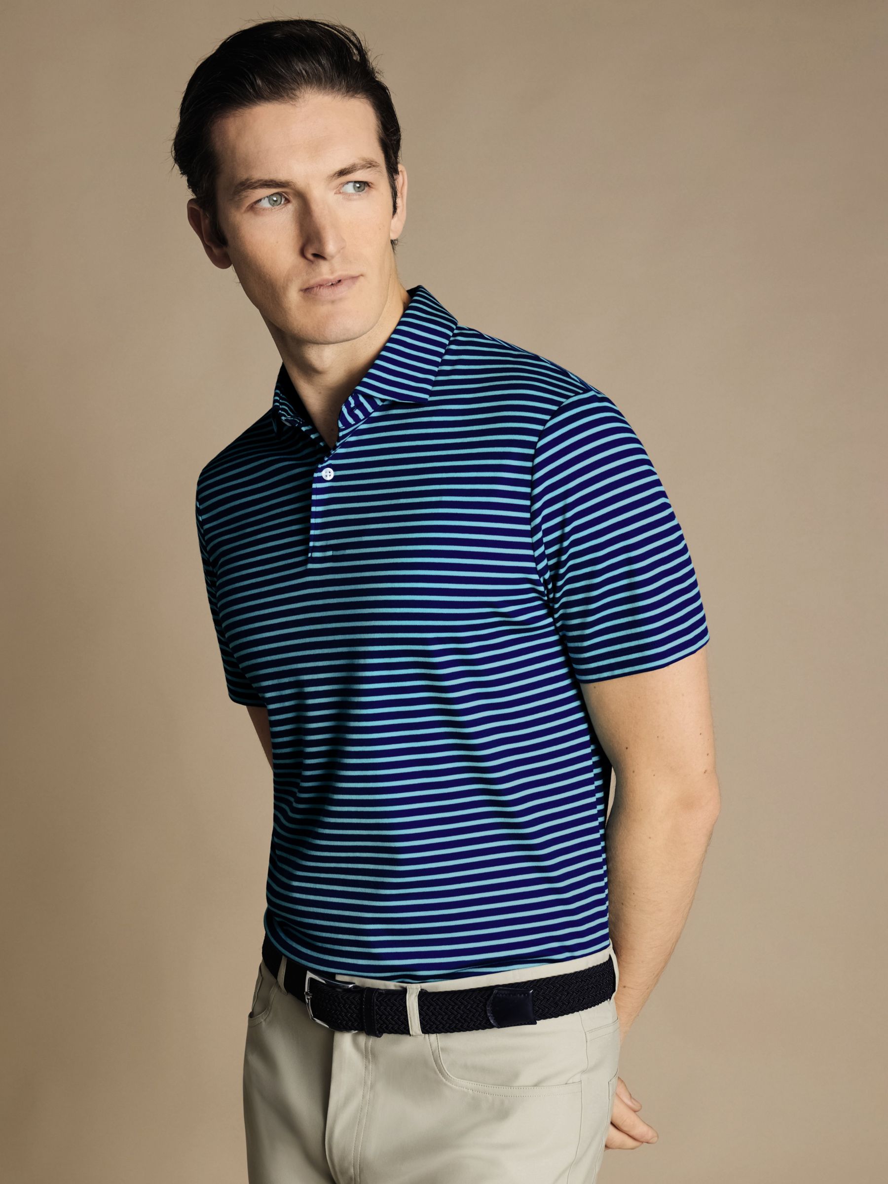 Charles Tyrwhitt Short Sleeve Stripe Jersey Polo Shirt, Aqua, XS