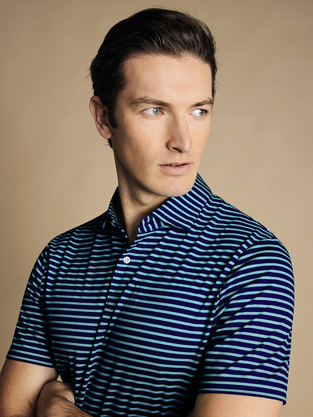 Charles Tyrwhitt Short Sleeve Stripe Jersey Polo Shirt, Aqua