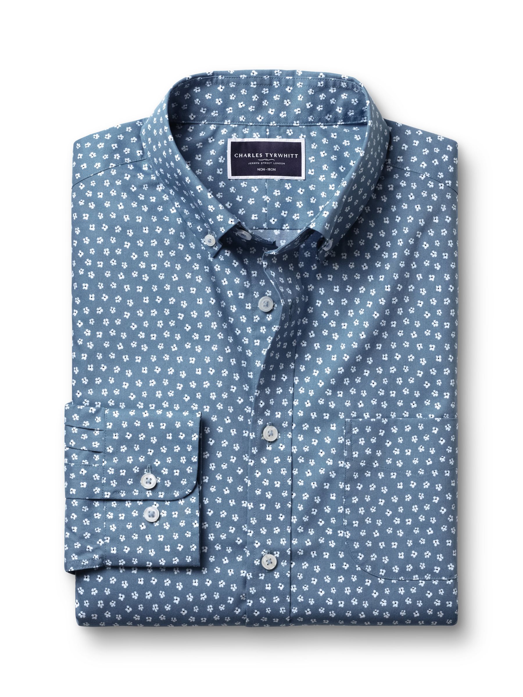 Charles Tyrwhitt Floral Print Non-Iron Slim Fit Shirt, Mid Blue/White, L