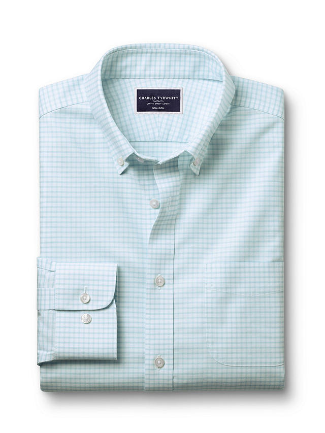 Charles Tyrwhitt Non-Iron Stretch Check Oxford Shirt, Aqua Green