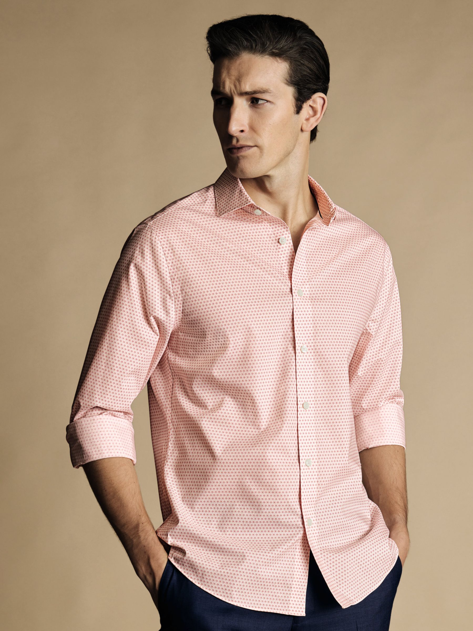 Charles Tyrwhitt Floral Geometric Print Non-Iron Slim Fit Shirt, Pink, XXL