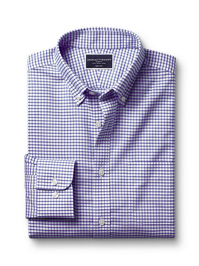Charles Tyrwhitt Non-Iron Stretch Check Oxford Shirt, Cornflower Blue