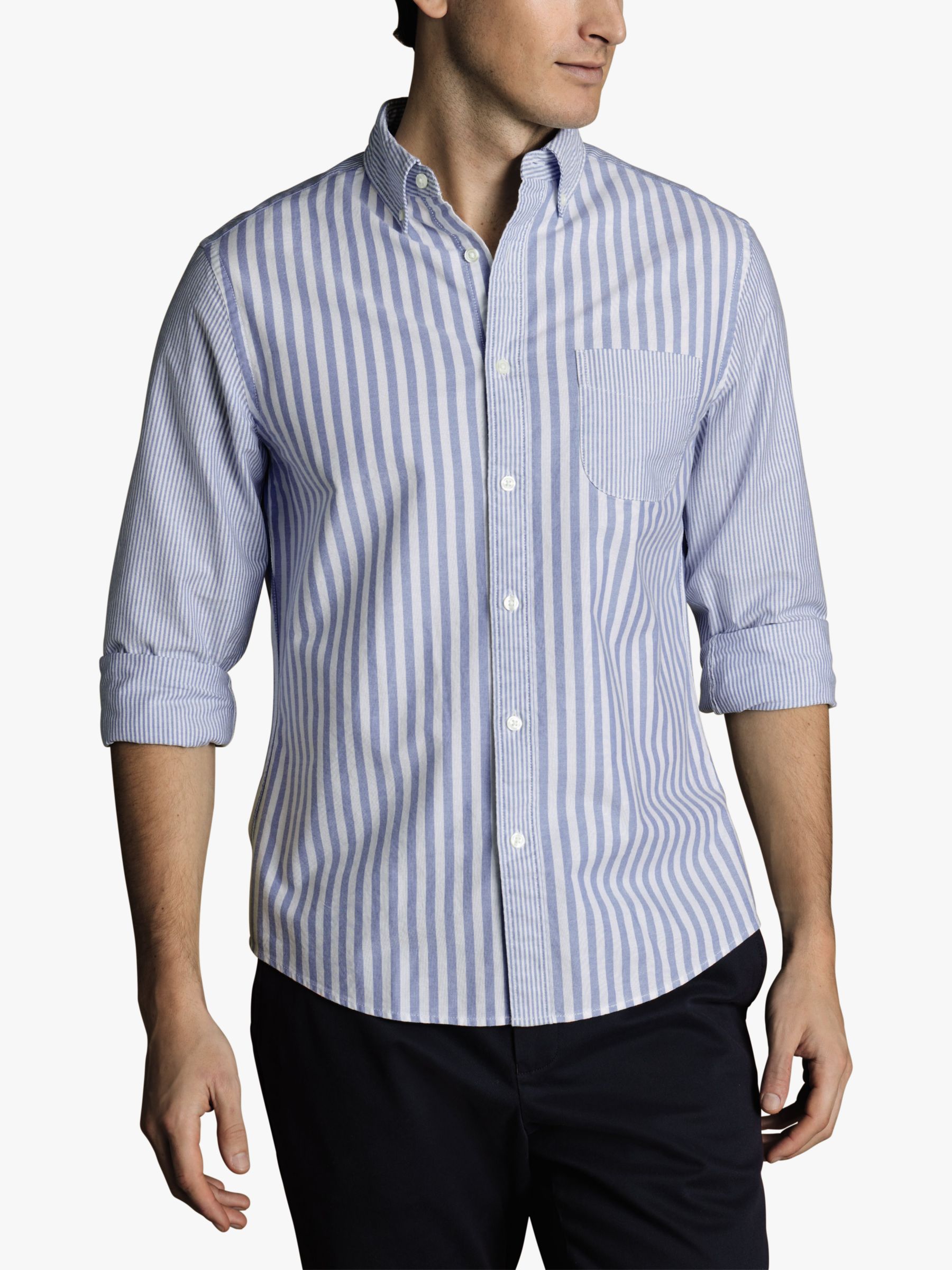 Charles Tyrwhitt Slim Fit Strip Patchwork Stretch Oxford Shirt, Ocean Blue, XL