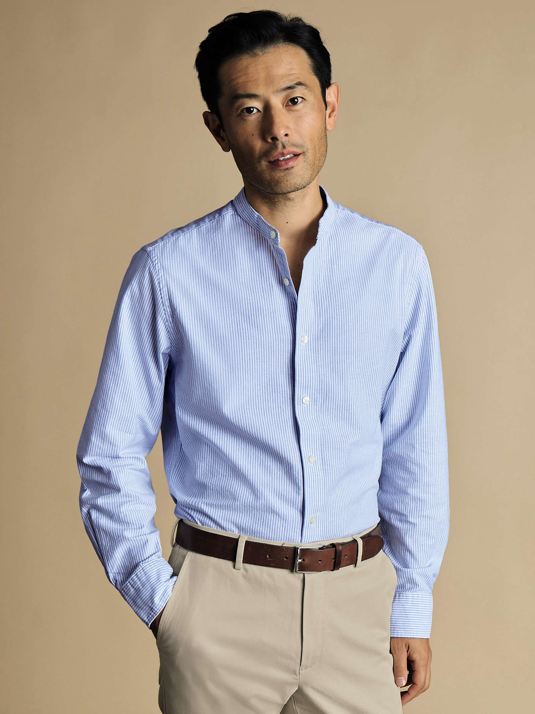 Buy Charles Tyrwhitt Striped Slim Fit Collarless Oxford Shirt, Ocean Blue/White Online at johnlewis.com