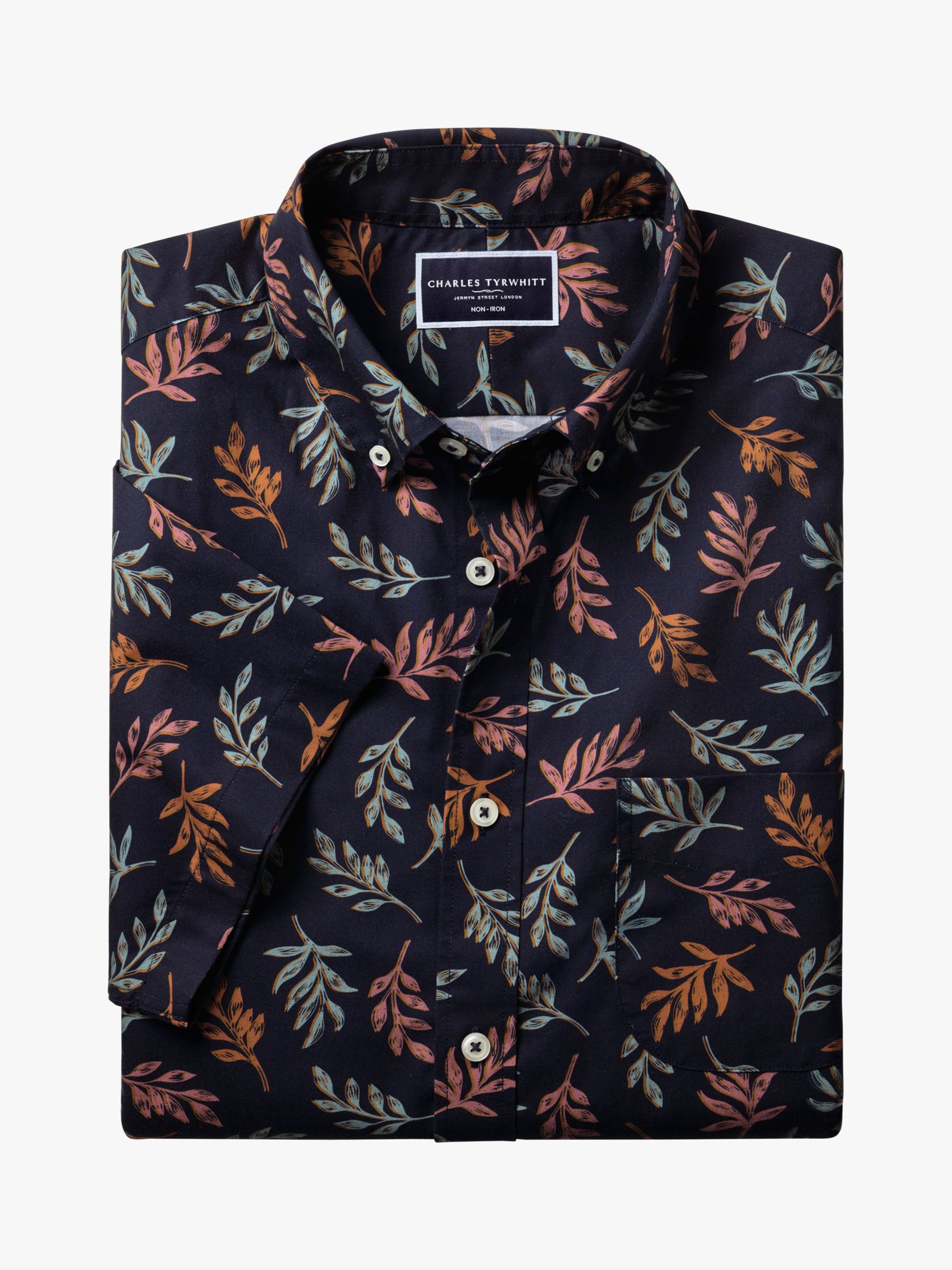 Charles Tyrwhitt Slim Fit Leaf Print Non-Iron Stretch Shirt, Navy/Multi, L