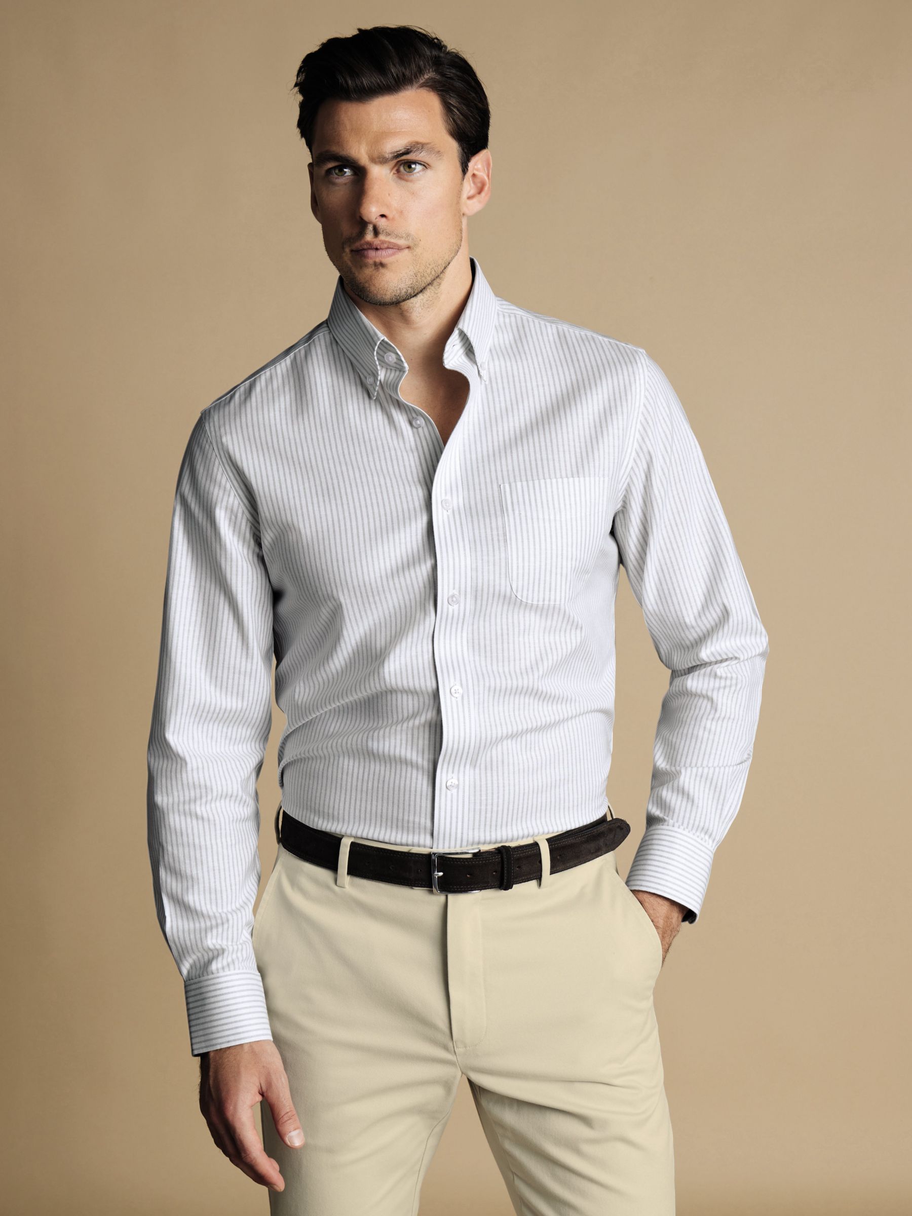Charles Tyrwhitt Non-Iron Stretch Stripe Oxford Shirt, Silver Grey, L