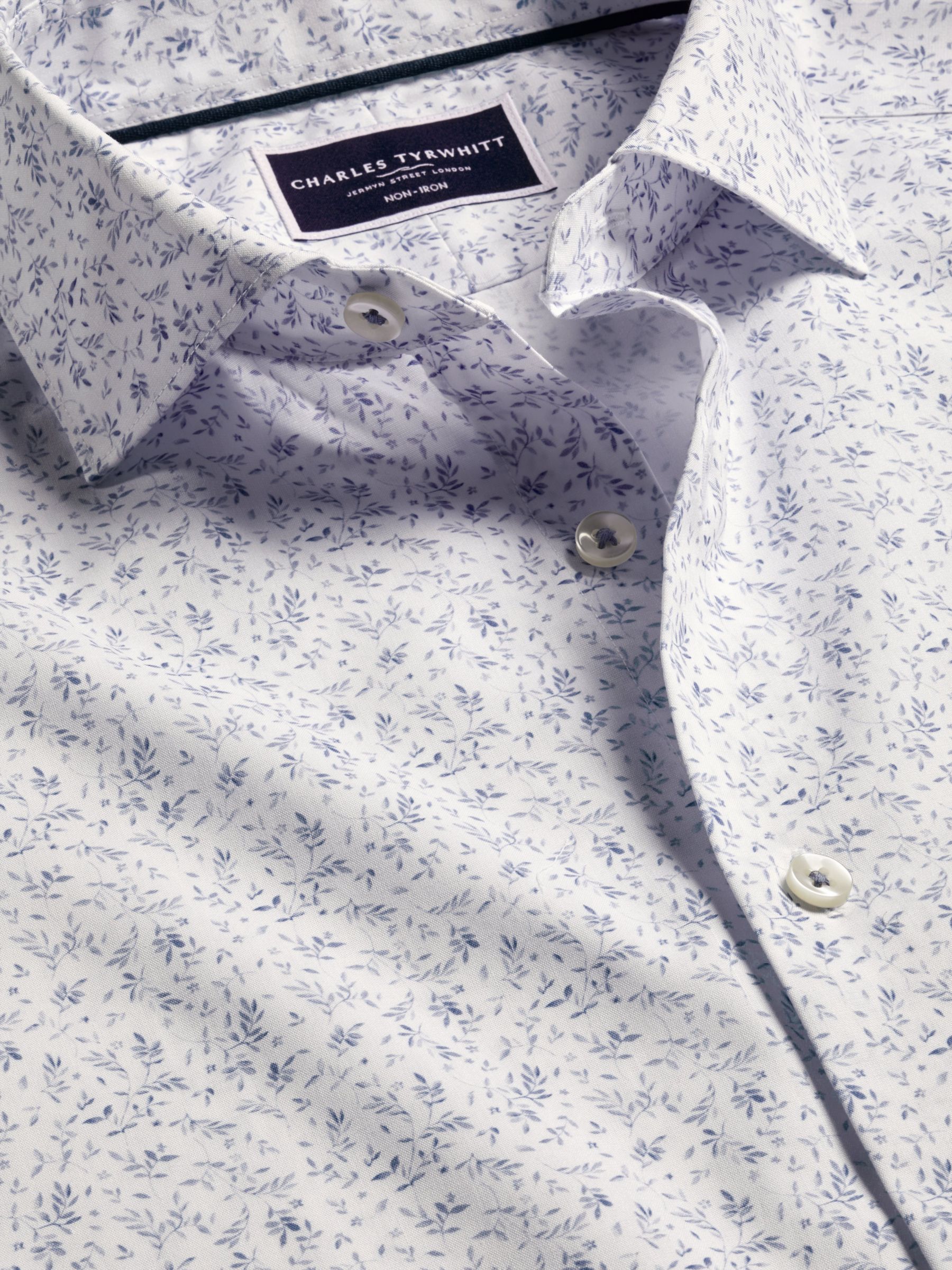 Charles Tyrwhitt Leaf Print Non-Iron Slim Fit Shirt, White/Blue, L